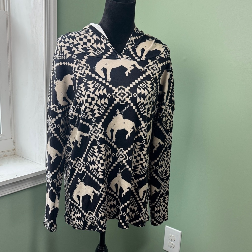 NWT Crazy Train Black and Cream bucking Horse hoodie medium